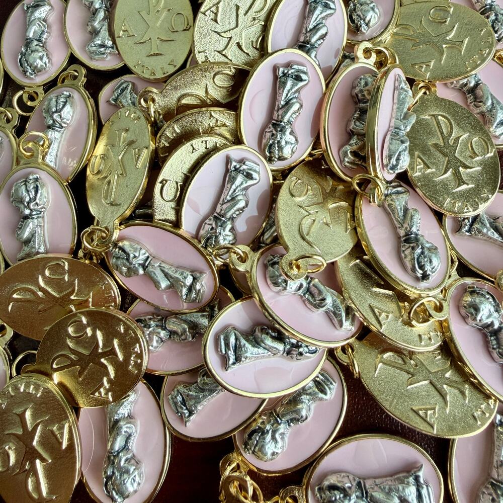 60 Charms, Pink Girl Two-Tone Communion Medals, Made in Italy, Size 1" - Picture 2 of 5